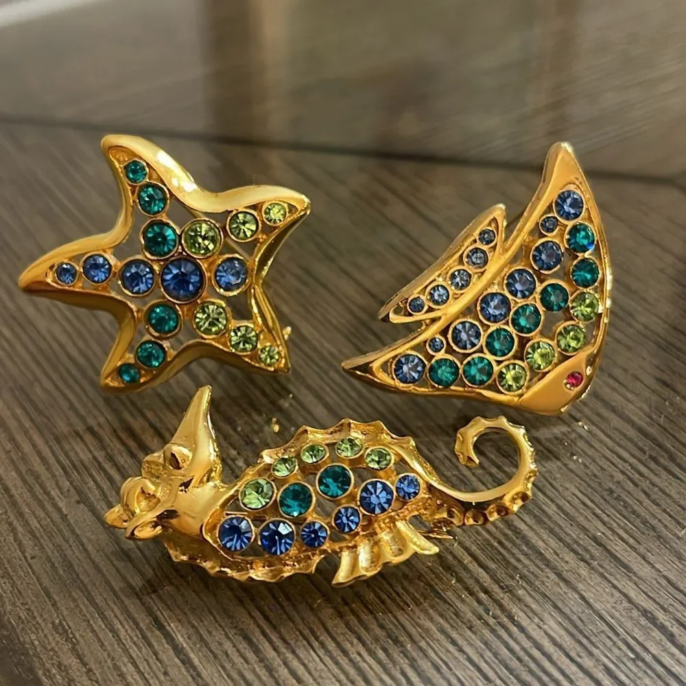 LIA Lianna Stamped 3 Ocean/Sea Themed Gold-tone Brooches w/ Rhinestone Accents